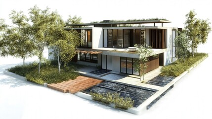 Obraz premium residential building with off-grid energy systems, water recycling, and natural ventilation to minimize environmental impact.