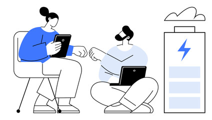 Two colleagues using a tablet and laptop engage in teamwork beside a battery icon signifying energy storage and sustainability. Ideal for team collaboration, technology, renewable energy, innovation