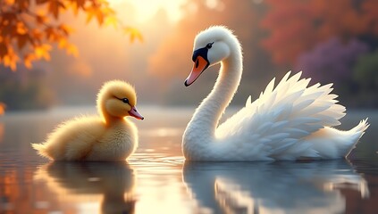 Obraz premium Illustration of the Ugly Duckling gazing at his reflection in a still lake as he transforms into a majestic swan, surrounded by golden autumn leaves and warm sunset colors. 