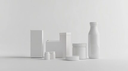 16.A minimalist arrangement of dairy product mockups, including rectangular carton boxes with plastic caps and a cylindrical glass bottle with a smooth, clean surface, all isolated on a white