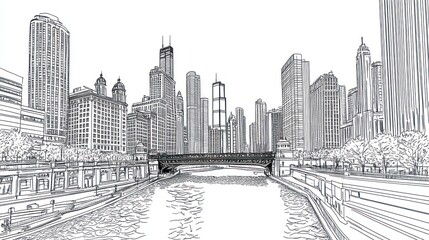 Obraz premium Chicago Skyline River View Drawing - Architectural Cityscape