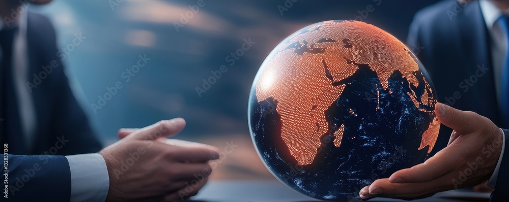 Poster two people in suits are holding a glowing globe, symbolizing global connection and collaboration in 