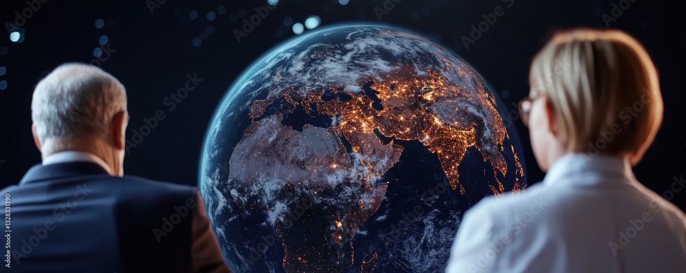 Poster a view of earth from space, featuring two people observing the illuminated continents against a dark