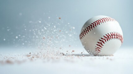 Baseball with red stitching and dust, on a white surface