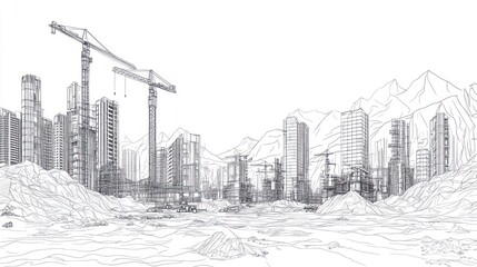 Fototapeta premium Architectural Construction Blueprint, Urban Skyline, Under Construction, Mountain Landscape