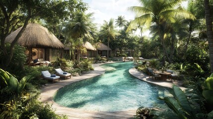 tropical resort with private bungalows, beachside pools, and outdoor dining spaces to immerse guests in a natural paradise.