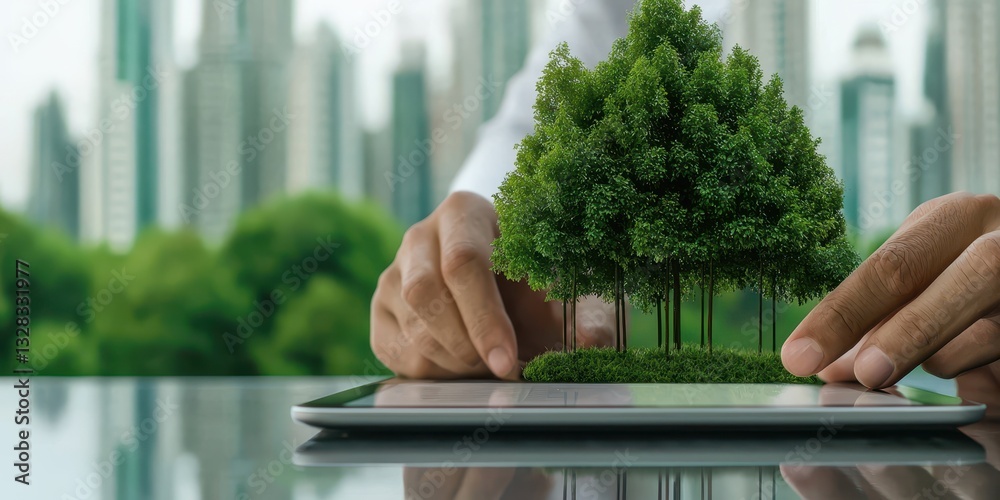 Poster a person placing a miniature tree model on a tablet, symbolizing the integration of technology and n