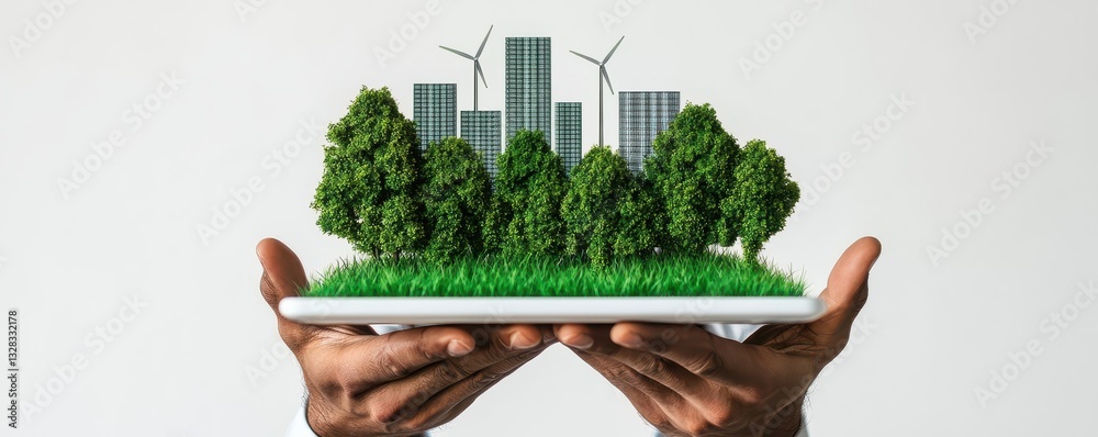Poster a person holds a tablet displaying a green landscape with trees and wind turbines, symbolizing susta