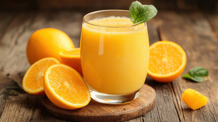 A refreshing glass of orange juice surrounded by fresh oranges on a wooden surface.