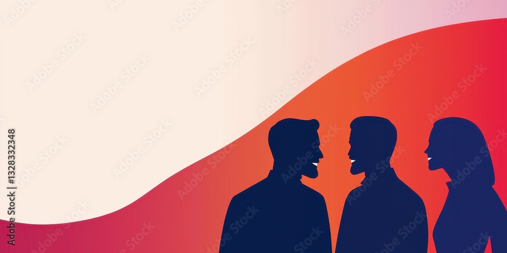 Poster silhouettes of three people engaged in conversation against a colorful abstract background, suggesti
