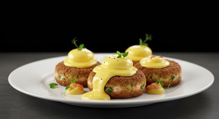 Gourmet Crab Cakes with Hollandaise Sauce Elegant Food Presentation Close up Shot