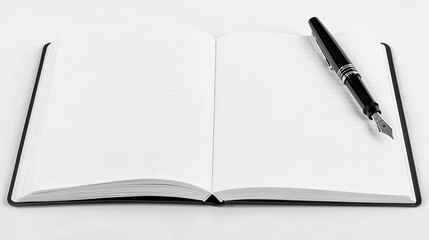 A clean and simple photo of an open notebook with a fountain pen resting on the page. picture