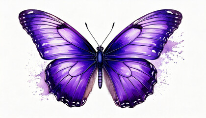 Violet butterfly on isolated white background, watercolor illustration