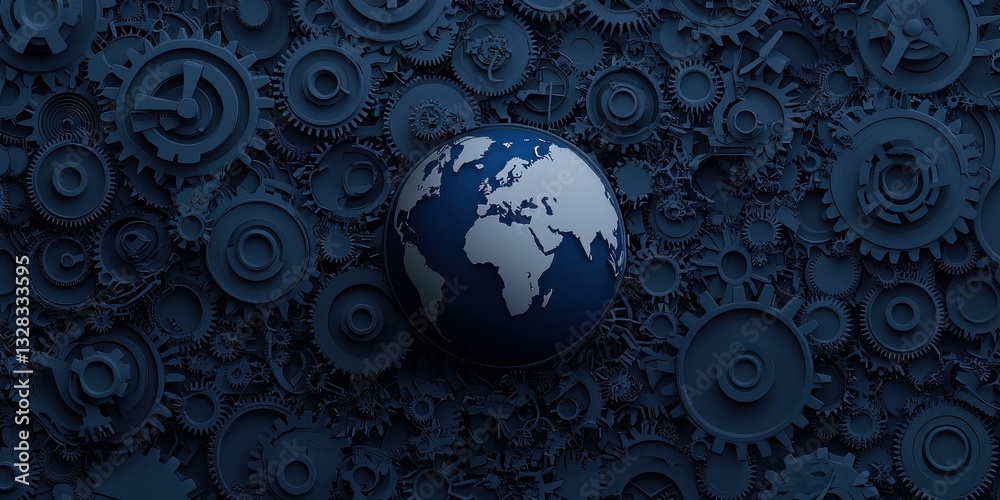 Poster a blue globe surrounded by intricate gears, symbolizing the interconnectedness of technology and the