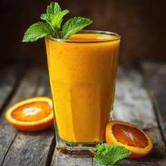 A refreshing orange smoothie garnished with mint leaves, served in a glass beside halved oranges on a rustic wooden table.