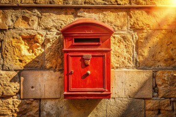 Rustic Red Mailbox on Weathered Wall - Postal Delivery Stock Photo