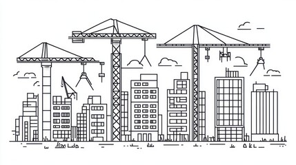 Obraz premium Cityscape under construction, cranes, minimalist illustration