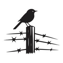 Silhouette Bird on Barbed Wire Fence Vector Graphic Illustration
