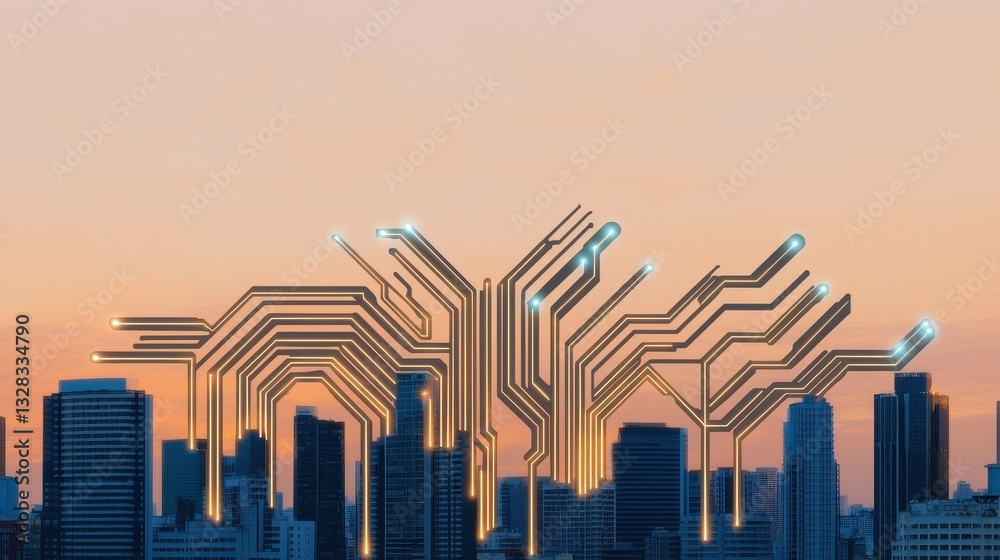 Poster a futuristic city skyline integrating digital circuitry against a sunset backdrop, symbolizing techn