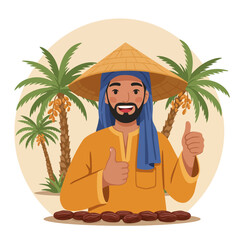 Man Showing Thumbs Up Near Dates with Palm Trees Background