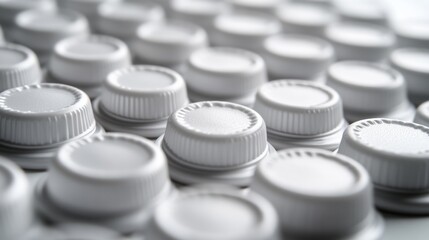 29.A close-up view of screw caps on milk cartons aligned in rows, emphasizing their textured details and smooth opening mechanisms, all placed on a clean and minimal background.