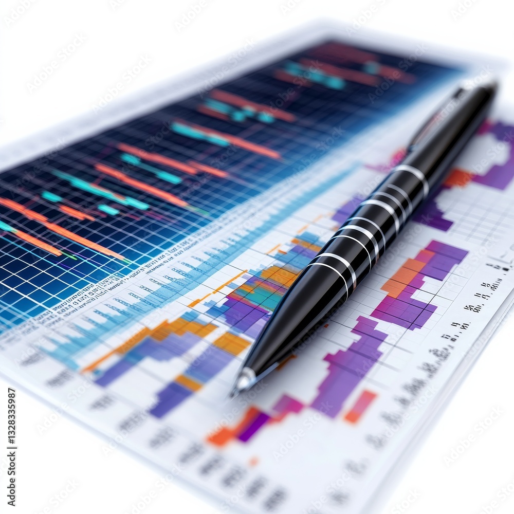 Poster Analyzing Market Data: A Sleek Pen Resting on Detailed Charts and Graphs, Illuminating Financial Trends and Insights