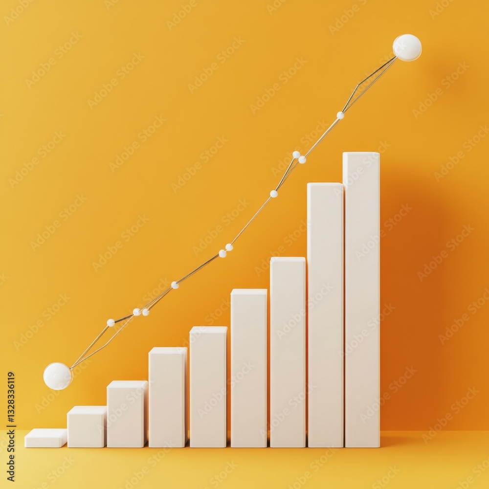 Poster ascending bar graph with rising trend line on yellow background - growth, success, and progress visu