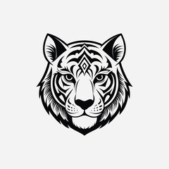 Download a striking black and white tribal-style tiger face vector. Perfect for logos, tattoos, and graphic designs. High-quality, bold, and symmetrical design on a white background