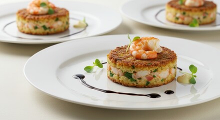 Gourmet Shrimp Cakes Appetizer Elegant Food Presentation Fine Dining Restaurant