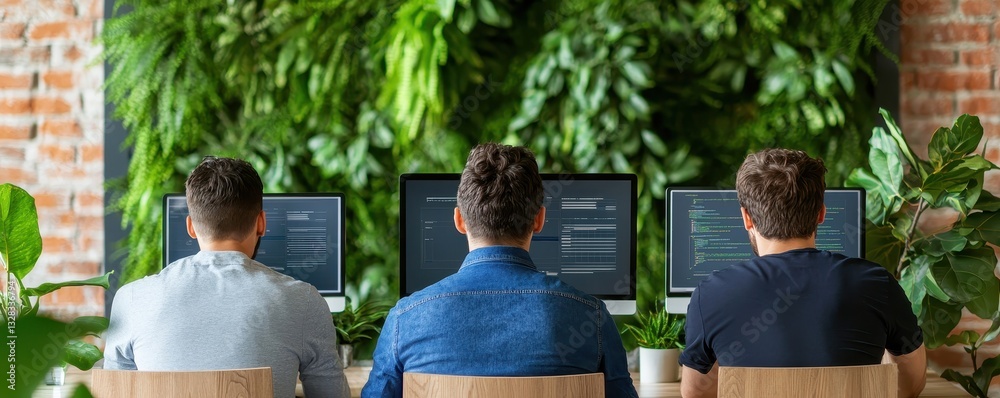 Poster Three individuals work on computers in a vibrant workspace surrounded by lush greenery, blending technology and nature.