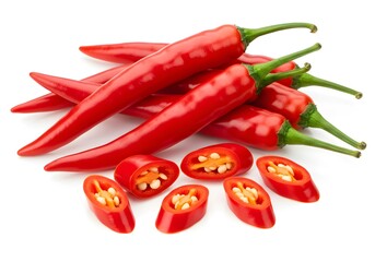 Pile of Red Chili Peppers with Sliced Sections on White Background