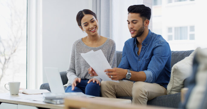 Mortgage, happy or couple with financial documents, salary or budget for household bills or accounting. Finance paperwork, planning or people with income for investment growth, report and savings - Powered by Adobe