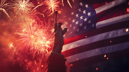 A realistic CLOSE UP LIBERTY STATUE on the background of an American flag, with fireworks in the sky, for the 4th of July.