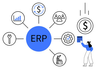 ERP concept with central blue circle and icons for finance, analytics, tools, automation, team, manufacturing. Woman holding calculator. Ideal for business processes, finance analytics workflow