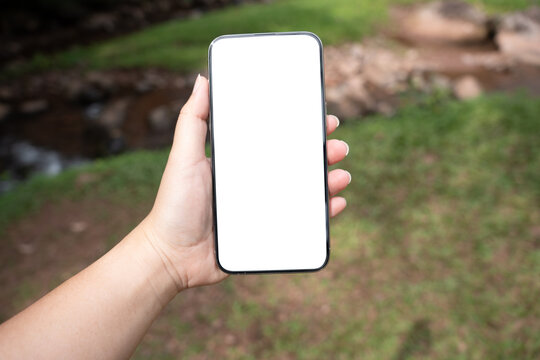 Smart phone mockup. Women hands holding cell telephone blank copy space screen smartphone blank white screen isolated technology concept.