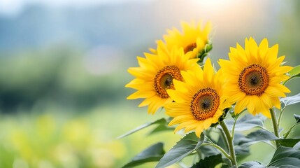 Fototapeta premium Bright yellow sunflowers bloom in vibrant garden, blurring the background