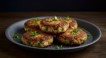 Delicious Crispy Shrimp Cakes Appetizer Close up Food Photography Gourmet Meal