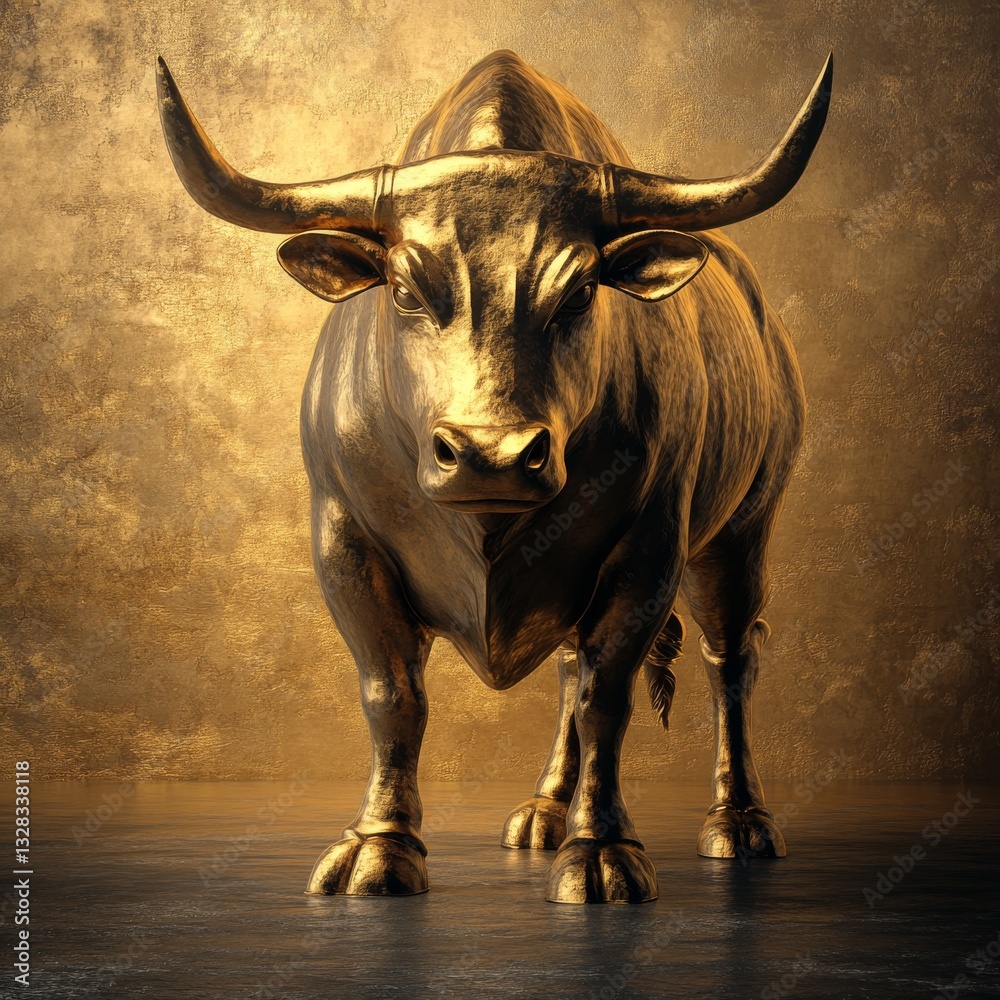 Poster golden bull: a gleaming symbol of power and prosperity against textured golden background