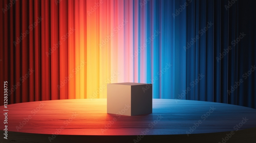 Fototapete a minimalistic scene featuring a cube on a stage with vibrant gradient lighting, blending reds and b