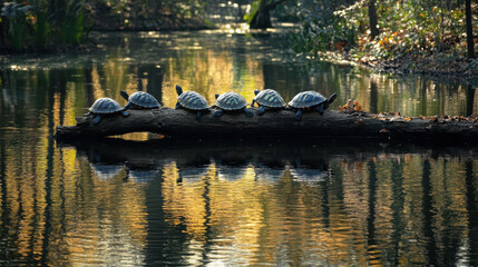 A serene scene with turtles basking on a log in a tranquil waterway surrounded by nature.