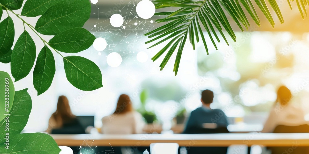 Poster a serene workspace featuring blurred individuals and lush greenery, creating a natural and inviting 