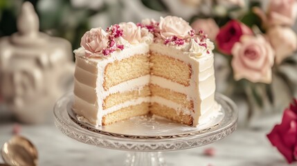 A classic three-tier wedding cake with intricate piping and fresh flowers. 