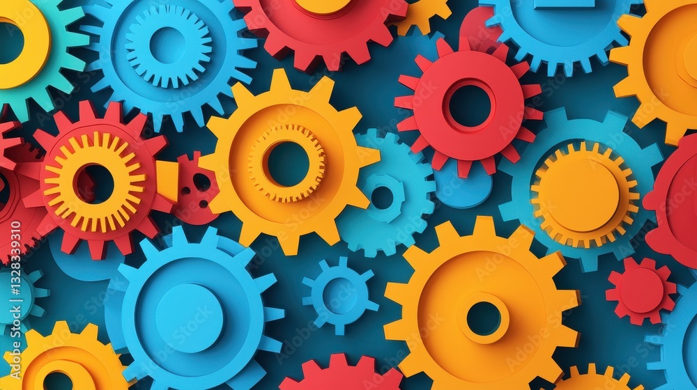 Poster A vibrant arrangement of colorful gears in red, blue, and yellow, creating a dynamic visual effect ideal for illustrating mechanics or engineering concepts.
