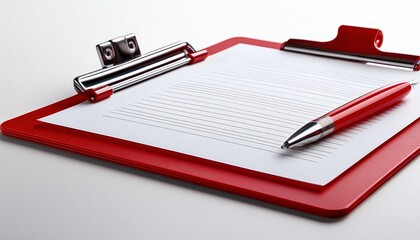 A red clipboard with blank paper and a pen, positioned on a clean surface, ideal for note-taking or organizing tasks.