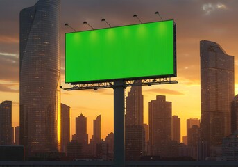 Billboard with Green Screen Against Cityscape at Sunset Perfect for Mockup