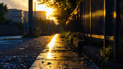 A serene sunset view along a wet sidewalk, highlighting nature and urban elements.