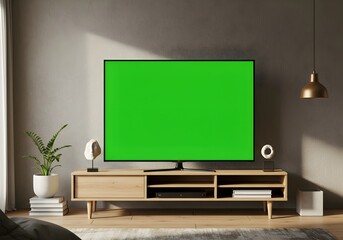Green Screen Television in Modern Living Room Interior for Advertisement Concept