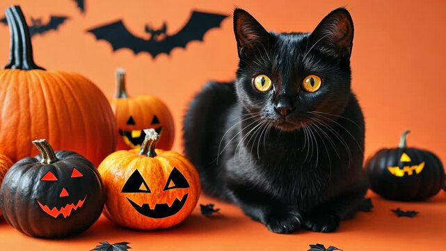 Black cat surrounded by carved pumpkins and bats against an orange backdrop during Halloween celebration