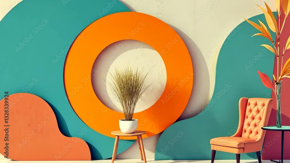 Poster a chair is sitting in front of a wall with a green and blue stripe. a vase with a plant is sitting o