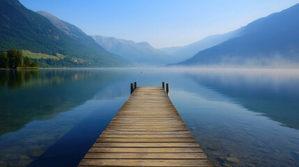 Fototapeta premium A serene wooden dock extending into a calm lake surrounded by mountains.